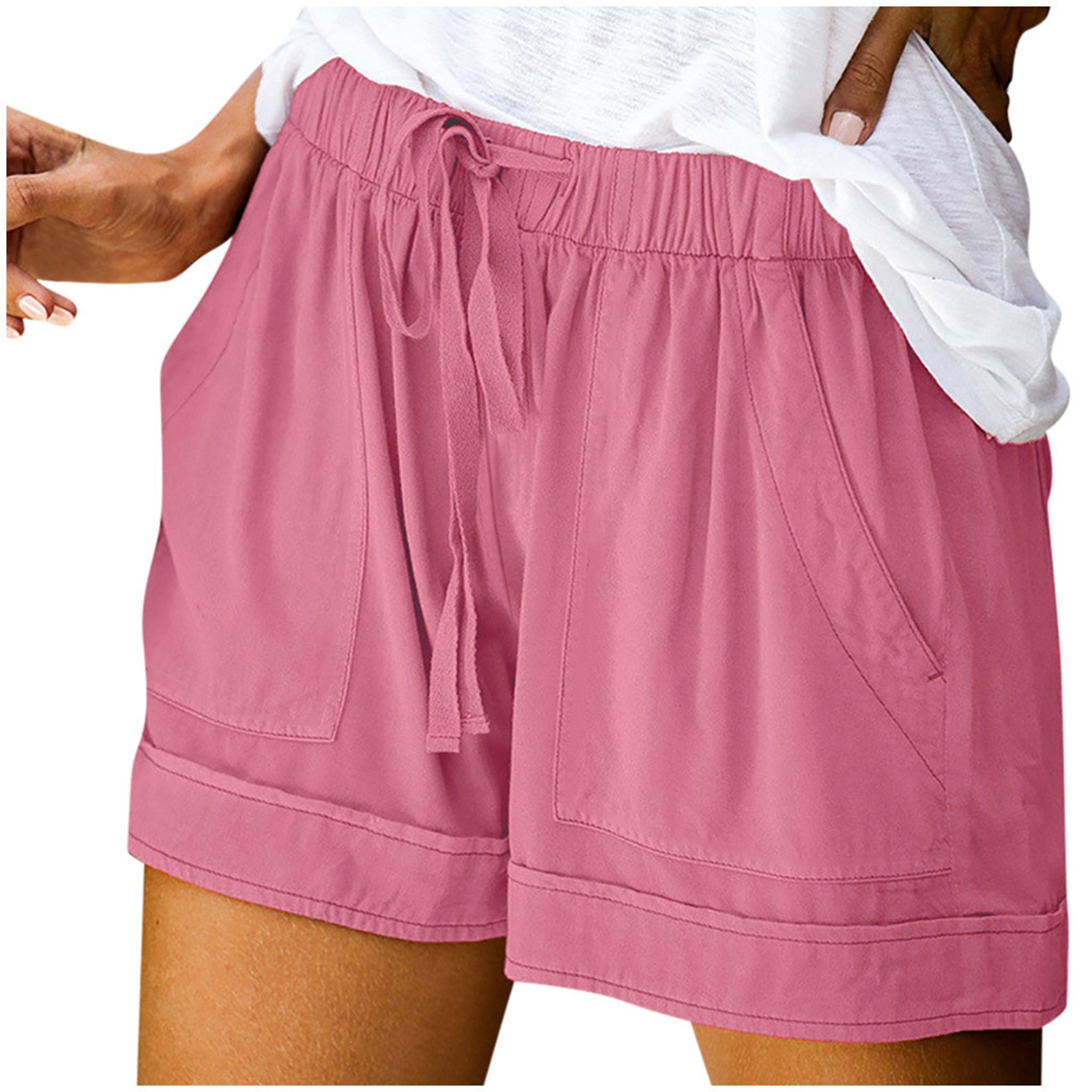 thumbnail image 4 of Pantalones cortos cómodos con cordón y cintura elástica para mujer - Pantalones holgados de color liso con bolsillos - Ropa informal de verano de poliéster, 4 of 8